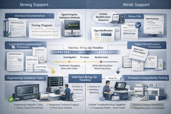 Engineering support review showing interface bring-up capability and controlled customization workflow