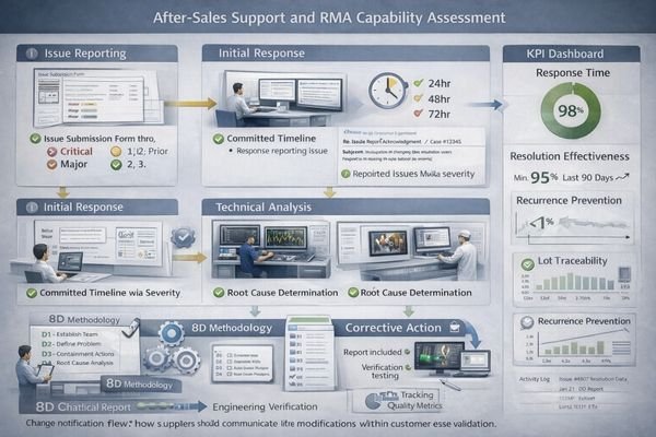 After-sales workflow showing RMA intake, failure analysis, and closed-loop corrective actions