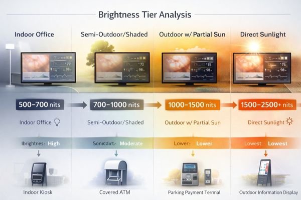 Brightness range chart linking semi-outdoor and outdoor exposure to practical nit tiers