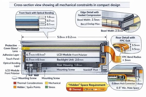 Complete mechanical stack-up for space-constrained LCD module integration