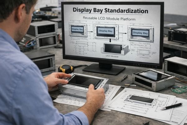 Engineer assembling standardized LCD module inside reusable display bay while CAD diagram on monitor shows shared LCD platform for multiple device versions