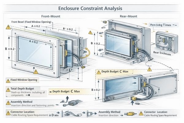 Enclosure dimension analysis showing window, depth, and assembly constraints