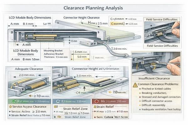Clearance planning diagram showing connector, cable, and mounting requirements