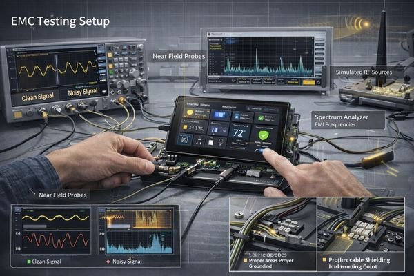 Interface and EMC validation testing with real harness configuration