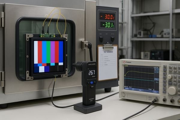An image of an LCD display MODULE in environmental testing, including temperature cycling and brightness checks.
