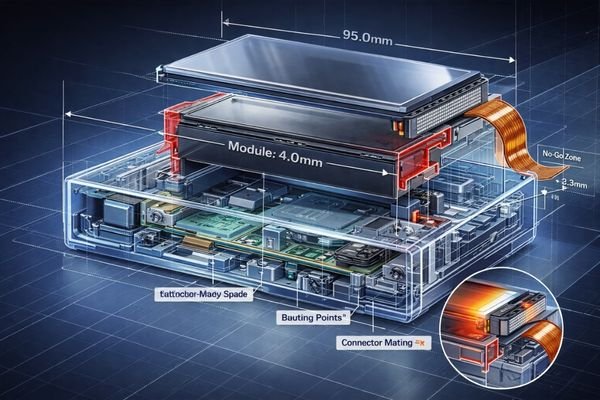 3D cutaway view of LCD module integration in compact device.