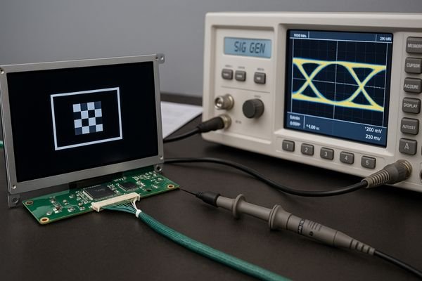 An image of signal integrity testing for an LCD display MODULE interface using an oscilloscope.