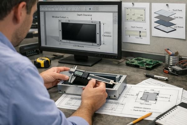 Engineer measuring LCD module inside metal enclosure while CAD drawing on monitor shows window cutout and depth clearance for display size selection