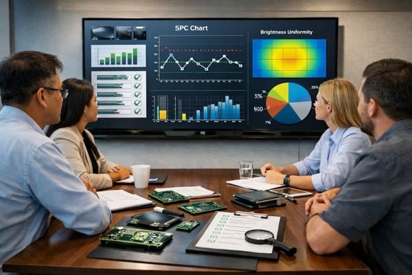 Cross-functional team evaluating LCD module supplier quality, SPC charts and brightness uniformity data in a modern meeting room