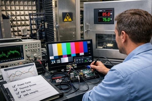 Engineer performing system-level validation on an LCD module with oscilloscope, 4K test pattern display and environmental stress testing equipment in an EMI lab