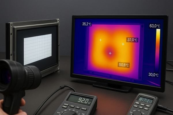 An image of thermal imaging on an lcd module showing heat distribution near the backlight and mounting points.