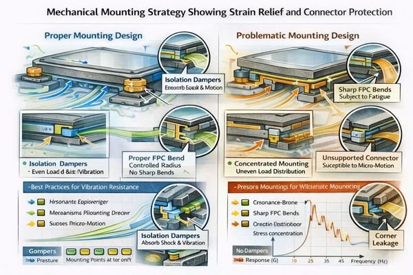 Vibration-resistant mounting and interconnect design for LCD modules