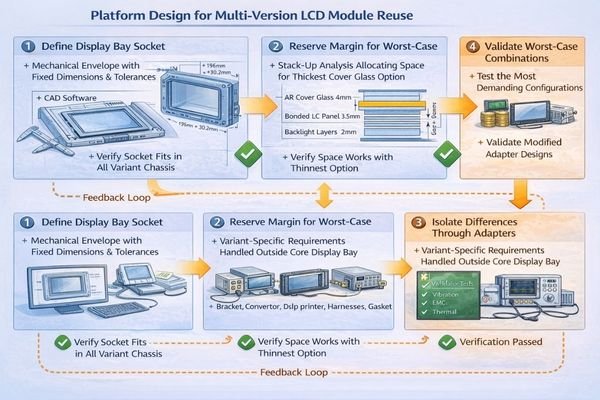 Platform design flow showing a standardized display socket, reserved margins, and controlled variant isolation
