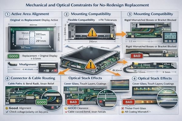 Mechanical and optical compatibility assessment covering window alignment, mounting, routing, and front stack effects