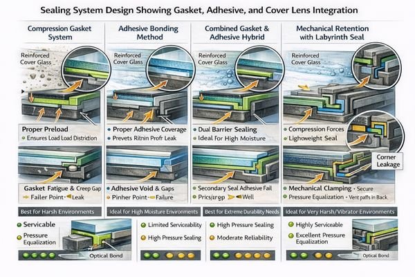 Front panel sealing architecture for harsh environment LCD integration
