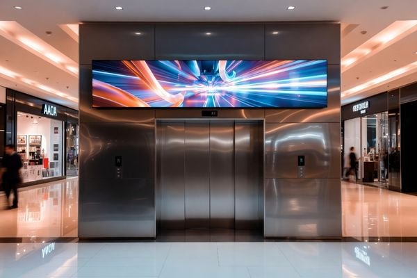Ultra-wide bar display used as an advertising screen at a shopping mall elevator entrance.