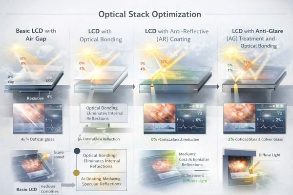 Optical stack comparison illustrating bonding, AR/AG options, and reflection control trade-offs