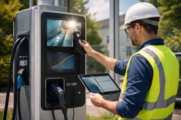 Engineer testing outdoor EV charging station display for sunlight readability and EMC performance using a light meter and laptop