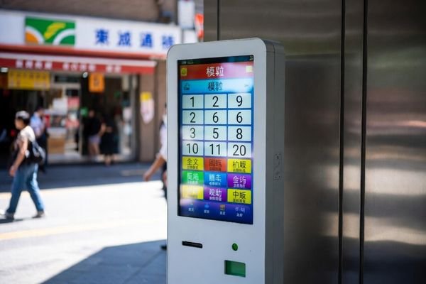 Outdoor lottery self-service terminal with sunlight readable LCD display on a busy pedestrian street