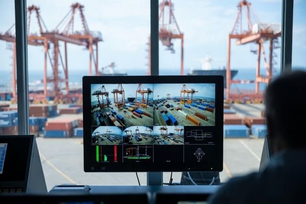 Port control room with sunlight readable LCD display monitoring container cranes and terminal operations