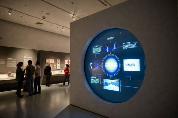 A museum exhibition area with a large round LCD display module integrated into the wall showing themed educational content