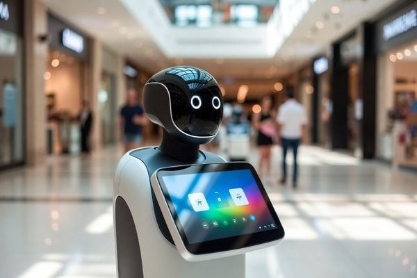 Service robot in shopping mall with front lcd display panel for human machine interaction