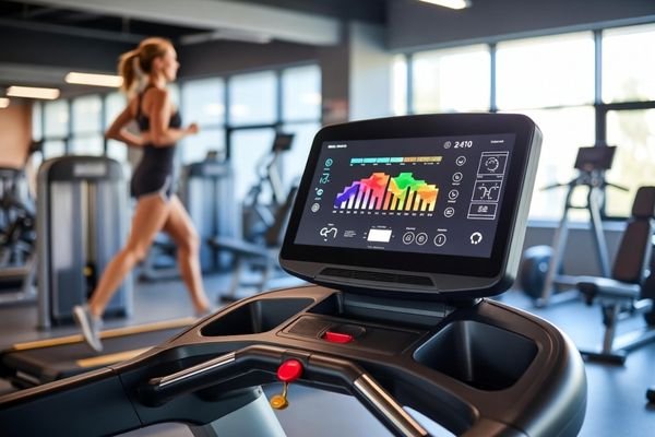 Smart treadmill console with bright lcd workout display in modern gym