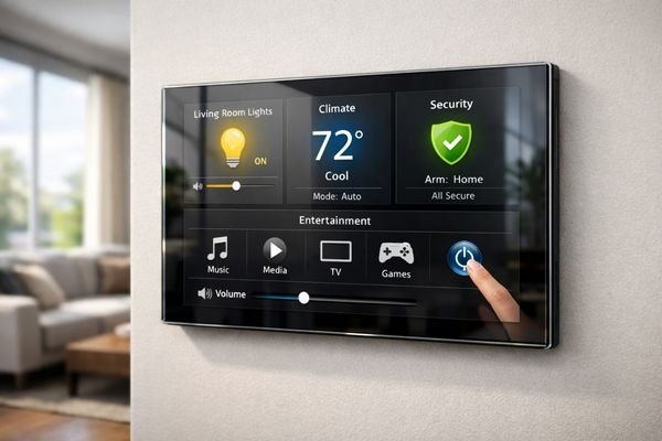 Smart home control panel with clear, responsive LCD interface showing room controls and status