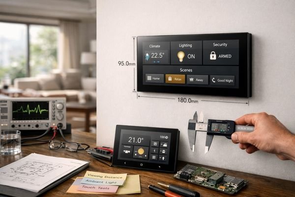 Engineer measuring smart home LCD control panel dimensions while testing viewing distance, ambient light and touch performance in a modern living room