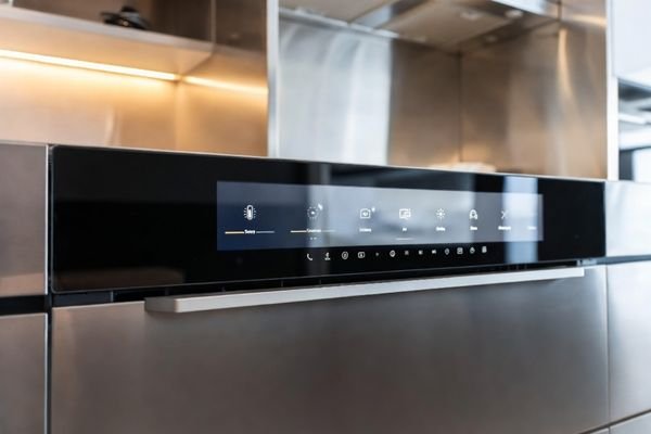Ultra-wide bar display integrated into a smart kitchen appliance control panel.