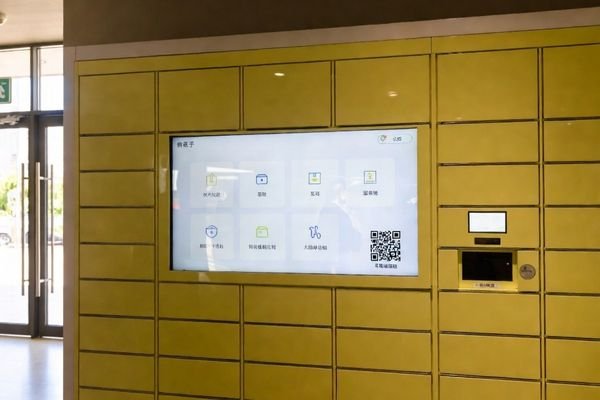 Smart parcel locker in apartment lobby with a sunlight readable LCD display showing parcel pickup interface