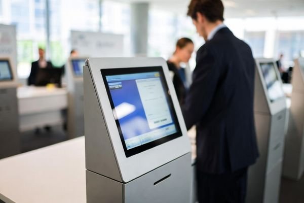 Square lcd display module on a compact self-service banking kiosk front panel