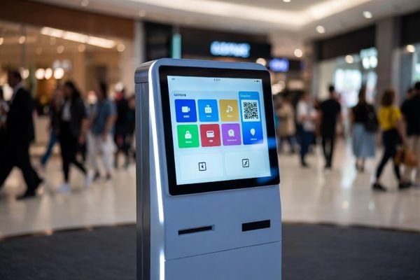 Self-service kiosk in a shopping mall with a square lcd display module for payment and information