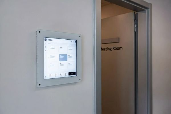 square lcd module showing meeting room booking status next to door in turkey office