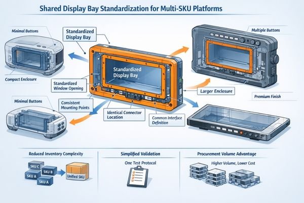 Platform standardization overview showing a shared display bay and controlled variant differences