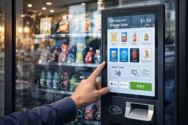 Customer using a modern vending machine with a bright LCD touchscreen interface for product selection and cashless payment, demonstrating readability under store reflections and retail lighting