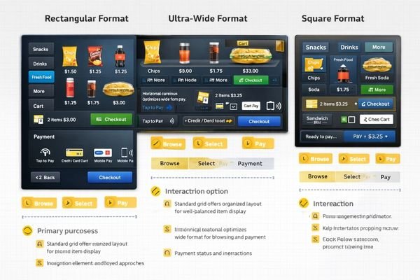 Vending machine UI layouts showing product browsing and payment flows