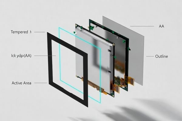 Exploded-view of an LCD display module with cover lens window cutout aligned to the active area (AA), showing AA vs outline offset for window alignment.