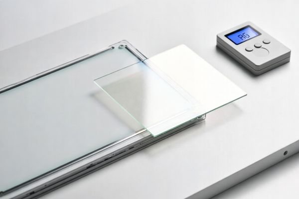 Photorealistic LCD module and anti-glare (AG) cover lens sample with a haze/gloss meter, illustrating AG surface specification and acceptance testing.