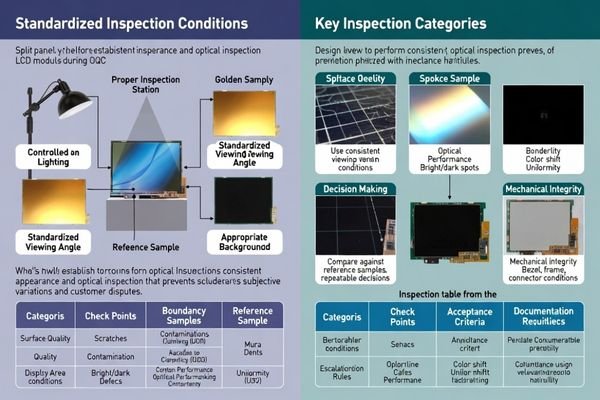 Appearance and optical inspection methodology for LCD module OQC establishing standardized evaluation criteria and repeatability