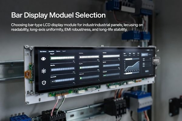 Ultra-wide bar LCD display module in an industrial control panel setup showing a quick-scan HMI UI, emphasizing readability, long-axis uniformity, and EMI robustness.
