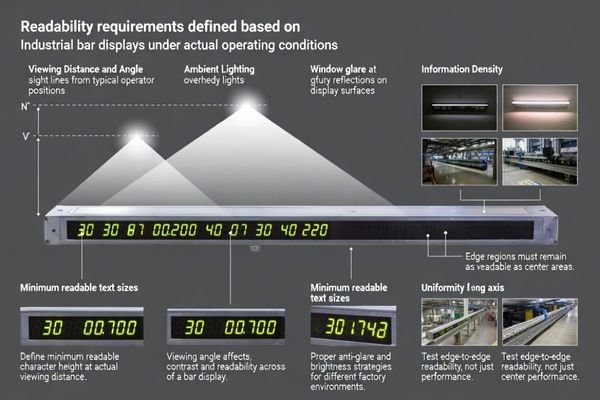 Bar display readability targets: distance, glare, uniformity