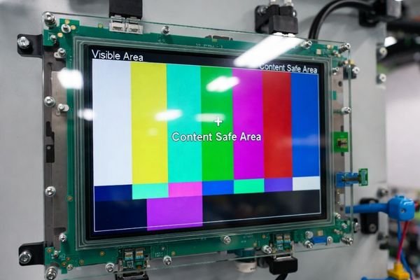 Large 12–15 inch LCD display module in an operator panel showing how bezel overlap reduces visible area, with pixel boundary and content safe area marked.