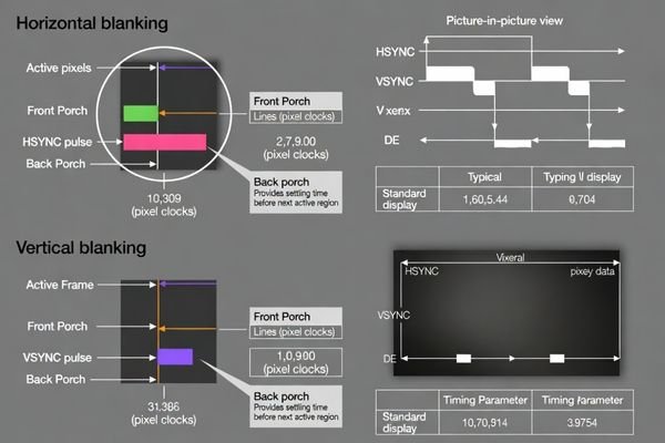 Horizontal and vertical blanking intervals (porch, sync, back porch) in display timing