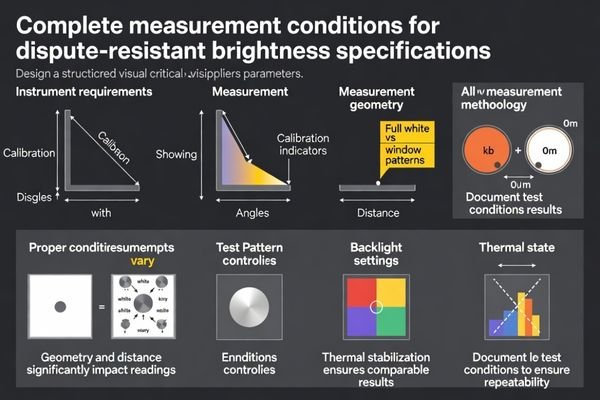 Measurement condition specification framework for brightness procurement ensuring repeatable and dispute-resistant evaluation