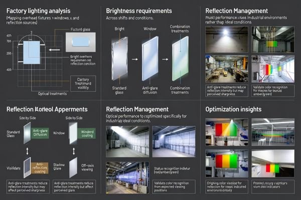 Optical performance optimization for factory floor dashboard visibility under industrial lighting
