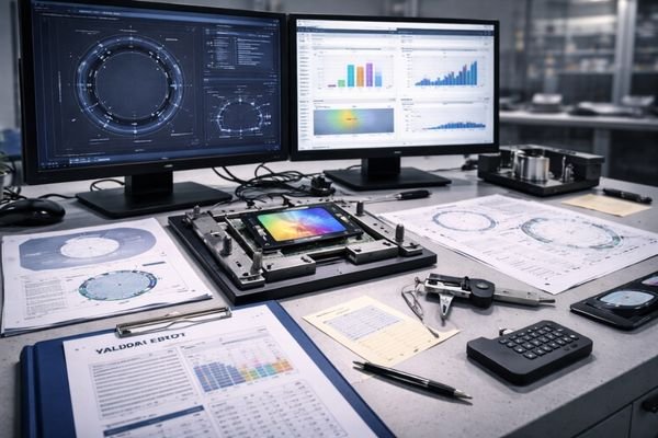 Engineering workstation with circular custom LCD module on a precision fixture, surrounded by CAD diagrams and yield analysis charts