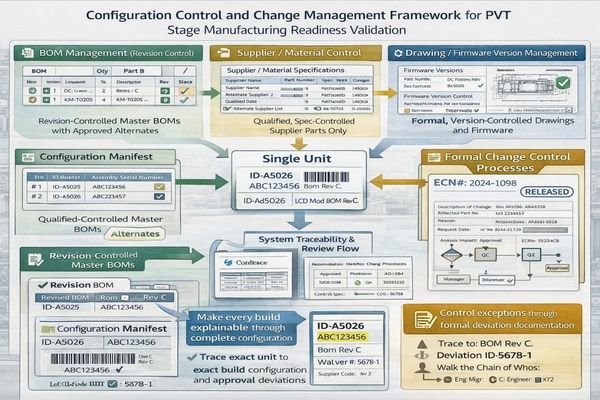 Configuration control and change management framework for PVT stage manufacturing readiness validation
