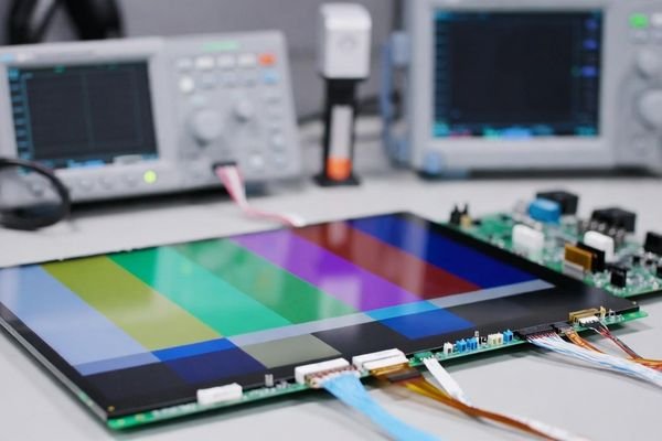 Industrial LCD module connected to a driver board with clean interface cabling, with test instruments in the background for signal stability and EMC review.