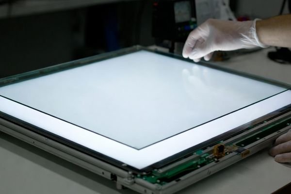 High-brightness industrial display module with cover glass alignment for optical bonding and anti-reflection surface evaluation in a clean lab setting.